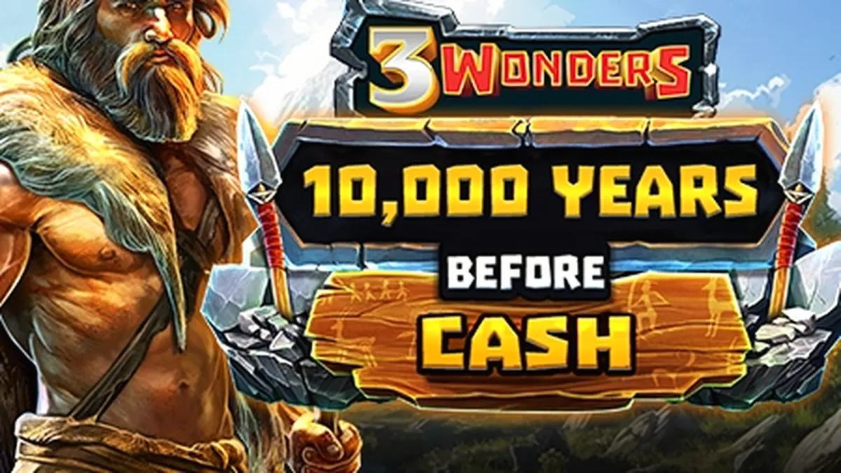 Ang interface ng 10,000 Years Before Cash slot na nagpapakita ng mga sinaunang simbolo sa 5 reels.